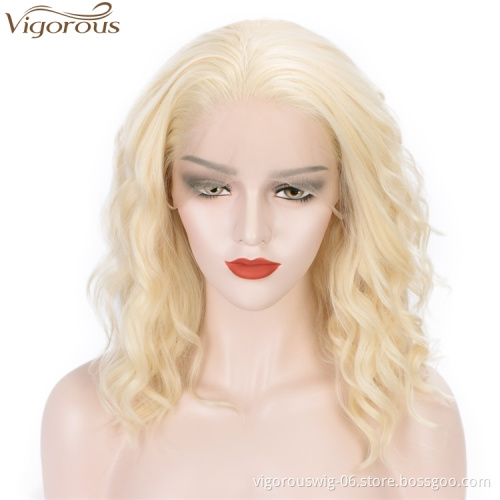 Vigorous High Quality Cosplay White Women Wigs Lace Front Wigs Blonde Heat Resistant Synthetic Short Bob Wavy Wigs
